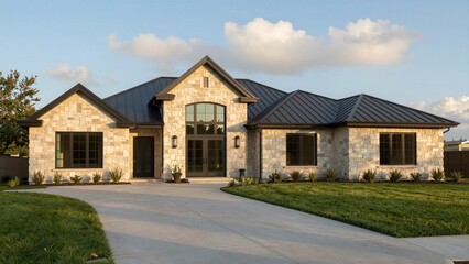 Fototapeta premium A stunning modern luxury house with stone and metal exterior, expansive windows, and a manicured lawn under a clear sky.