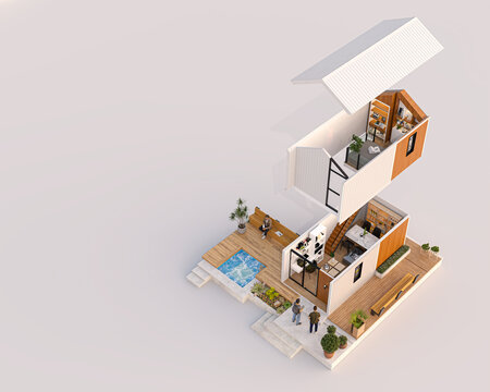 3D isometric exploded view rendering of a modern tiny house showing interior layout, furniture, structural sections, and exterior landscaping isolated on white background.