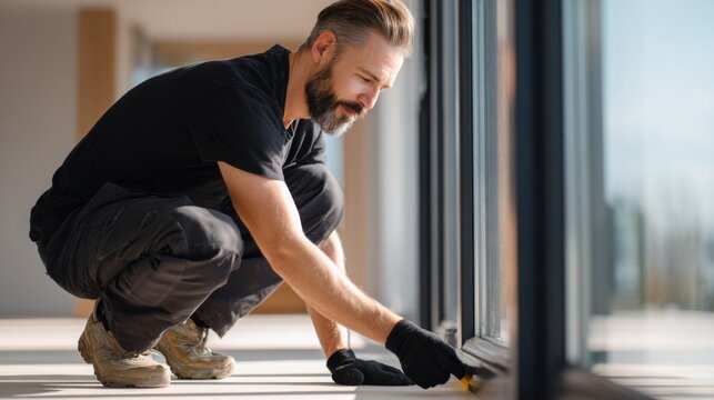 Caucasian male technician inspecting window seals for quality control.