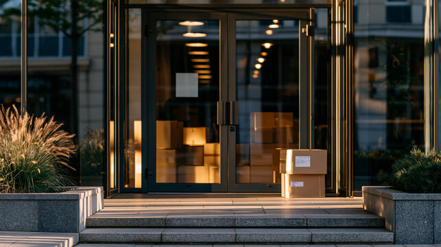 A startup founder locks the glass door of an empty storefront office for the last time, reflection visible in the glass, moving boxes visible inside under harsh midday sun, perfect for startup closu