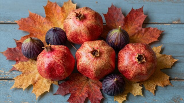 Ripe pomegranates and figs surrounded by colorful autumn leaves on a blue wooden surface.