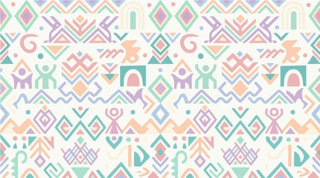 A vibrant and playful pastel ethnic tribal pattern, inspired by traditional Sasak motifs with a modern geometric remix
