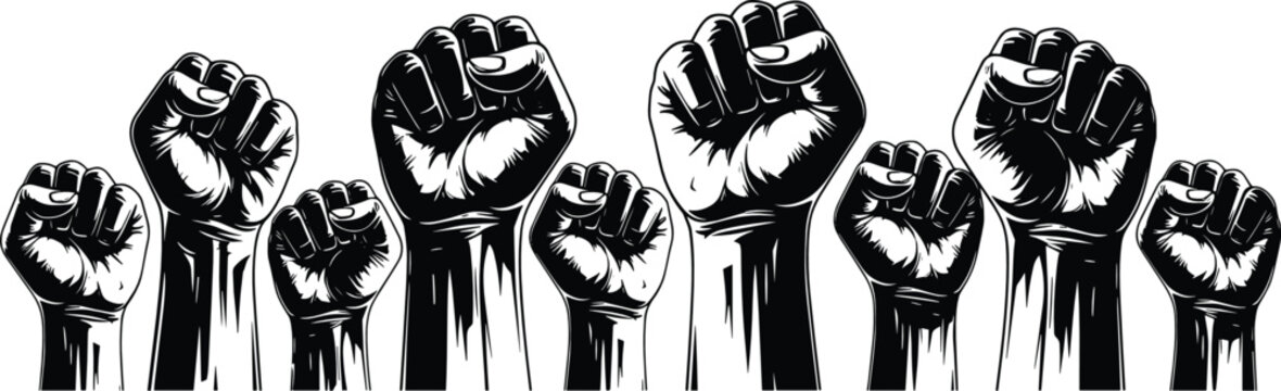 Powerful Raised Clenched Fists Silhouette Group for Social Justice Protest Activism Human Rights Movement Unity Strength and Solidarity Graphic Design Vector Illustration