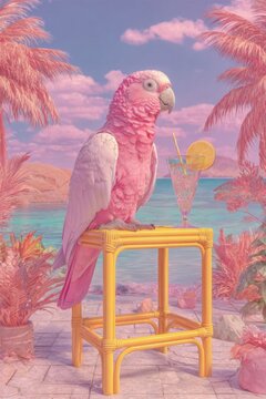 Surreal pink parrot perched on yellow rattan stool with cocktail tropical pastel beach vacation aesthetic concept
