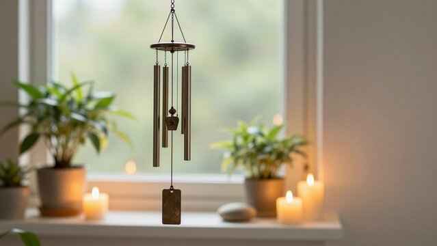 A serene indoor scene featuring a metal wind chime hanging near a window, surrounded by lit candles and lush green houseplants. The soft focus background creates a calming, meditative ambiance.