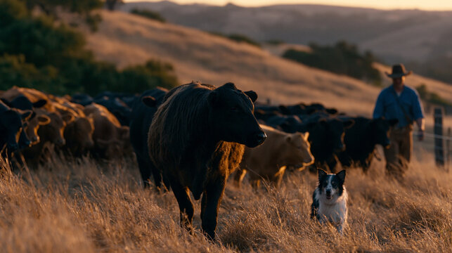 Regenerative cattle herd grazing managed pasture rotation, farmer moving temporary fencing with border collie watching, wide establishing shot of working landscape at golden hour, perfect for holist