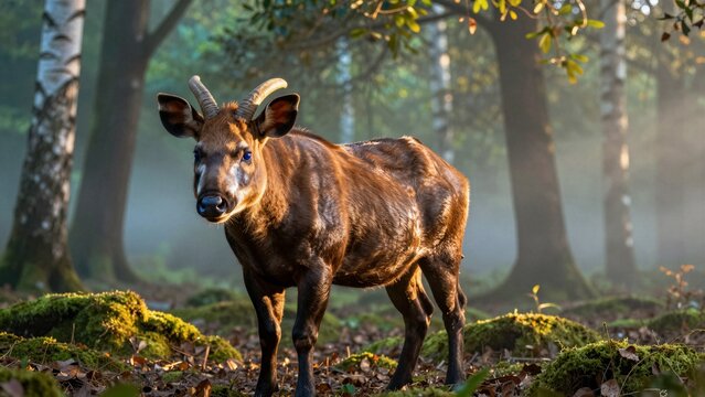 Close-up of a saola in misty forest, showcasing its gentle expression and unique horns.