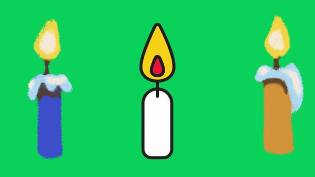 Hand-drawn animated candle set with flickering flames and melting wax on green screen background, featuring artistic textured brush strokes and flat vector cartoon styles for creative motion graphics.