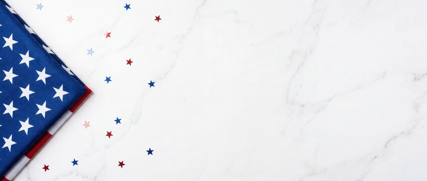 folded american flag on marble surface, scattered red and blue stars, blank copy space, luxury background, 4th of july, independence day, memorial day, patriotism, usa celebration