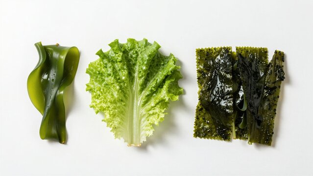Various types of fresh seaweed including kelp, nori, and ulva displayed alongside a green lettuce leaf on a clean white surface with soft focus.