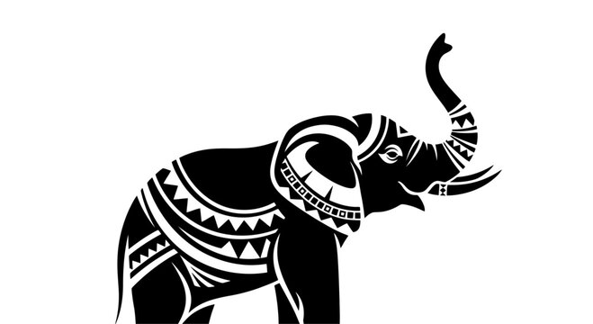 Decorative black and white elephant illustration.
