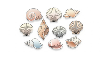 Collection of Various Seashells on a White Background. © Malik