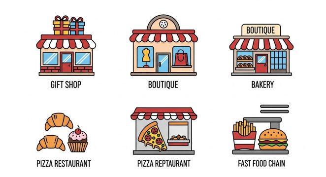 Collection of various small shop illustrations with labels.