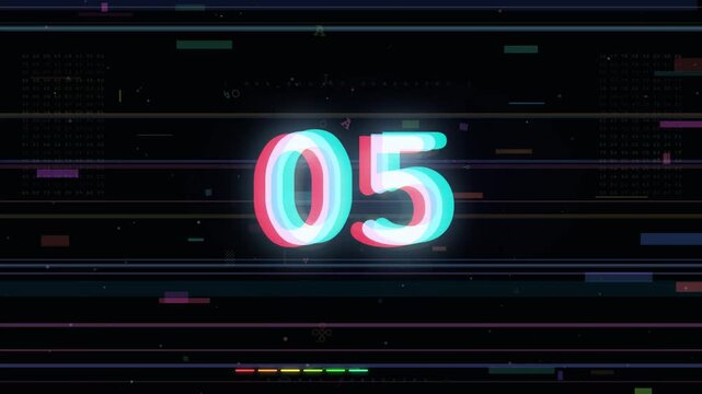 Glitch Distortion Countdown Number with Corrupted Signal Effect on Dark Hexadecimal Background