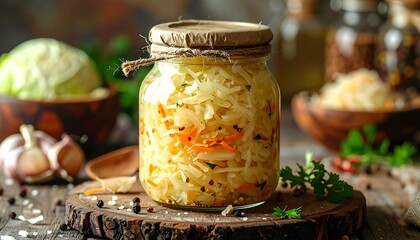Naklejka premium Fermentierter Kohl als Sauerkraut im Glas