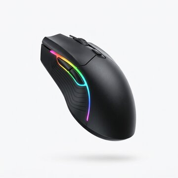 A sleek, black wireless gaming mouse with vibrant RGB lighting, captured in a studio shot against a clean white background.