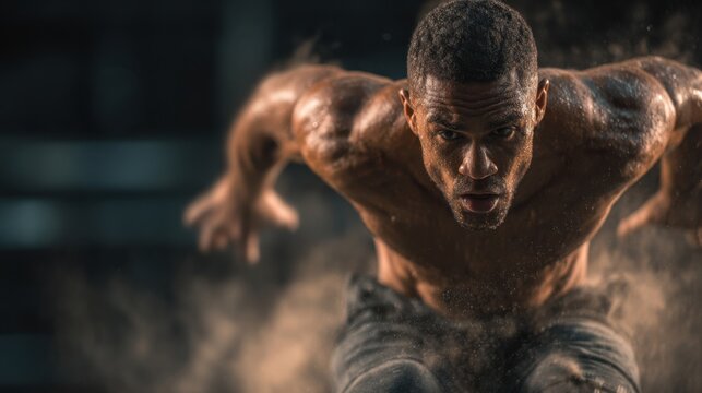 Muscular athlete launching forward with explosive power and intensity