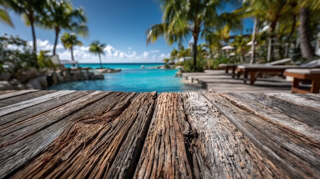 Weathered wooden table top at a tropical luxury resort
