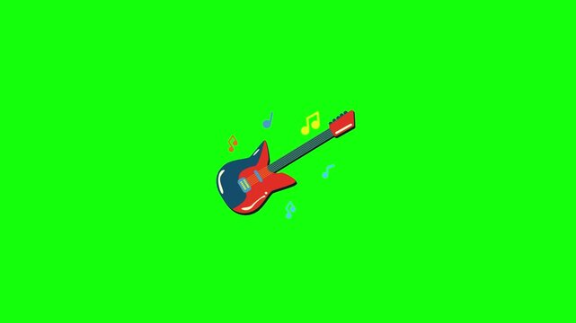 A 2D animated video of a cartoon guitar musical instrument on a bright green background. Add gentle rocking motion, slight string vibration, and colorful music notes floating around the guitar. 