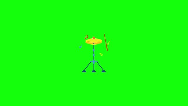 A 2D animated video of a cymbal on a stand on a bright green background. The metal plate vibrates gently as if struck, with a drumstick nearby and colorful music notes floating around it. 