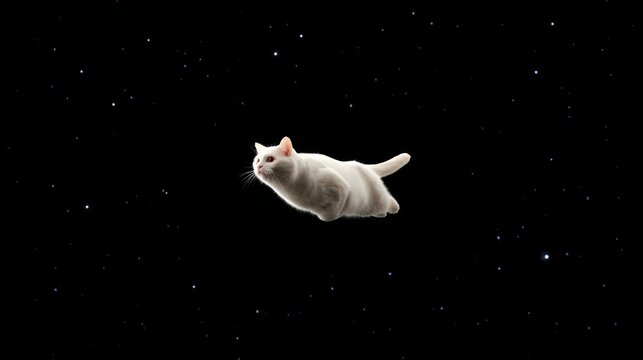 A white cat gracefully floating through a starry space environment.