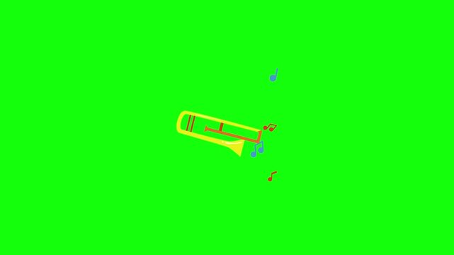 A 2D animated video of a cartoon trombone brass instrument on a bright green background. Add colorful floating music notes around it, with gentle bounce and slight tilt motion as if it is playing.