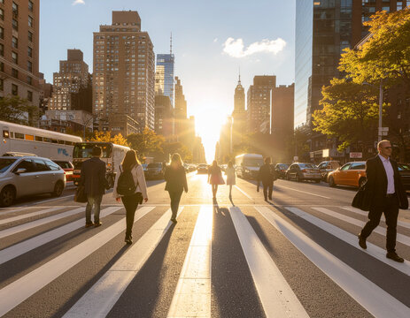 A sun-drenched street scene in New York City captures pedestrians crossing a busy intersection bathed in golden light, showcasing the urban energy and architectural grandeur of the metropolis.