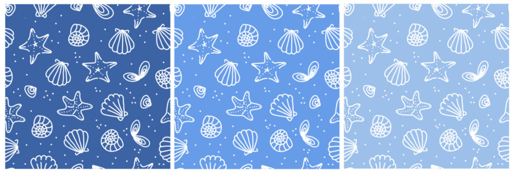 Seamless seashell pattern set with starfish and shells in white line art on blue backgrounds. 