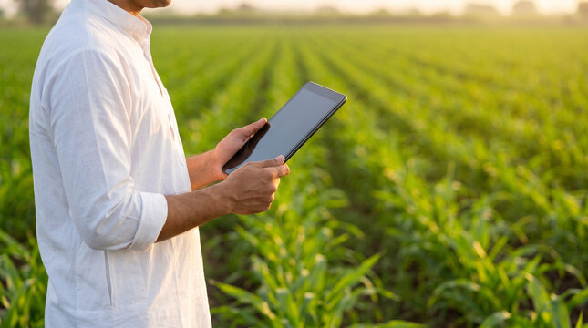 modern indian farmer with tablet standing in agricultural field for rural banking and smart farming technology concept