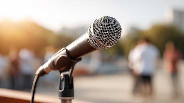 Close-up of a microphone against a blurred crowd background, ready for an event.