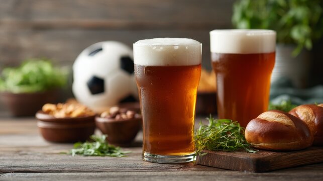 Two glasses of beer beside a soccer ball and snacks on a rustic table.
