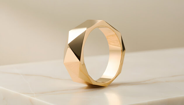 Modern Minimalist Gold: Macro shot of sleek geometric gold ring reflecting soft studio light, elegant luxurious fashion accessory creating calm mood