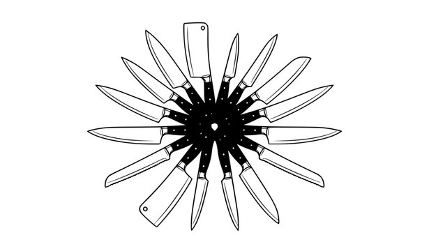 Kitchen knife collection line art vector with chef knives cleavers and utility blades