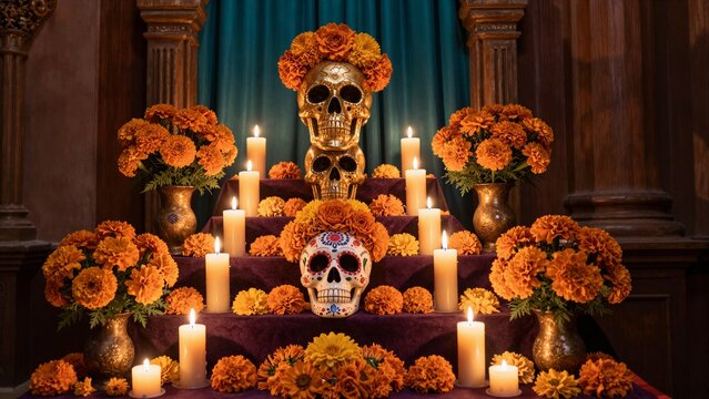 A traditional Day of the Dead altar adorned with colorful sugar skulls, marigold flowers, and lit candles honoring deceased loved ones.