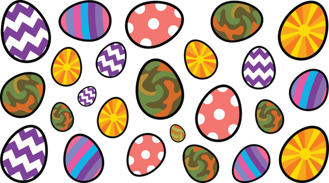 Colorful Easter Egg Set with Bold Stripes, Polka Dots, and Camo Patterns for Holiday Decoration