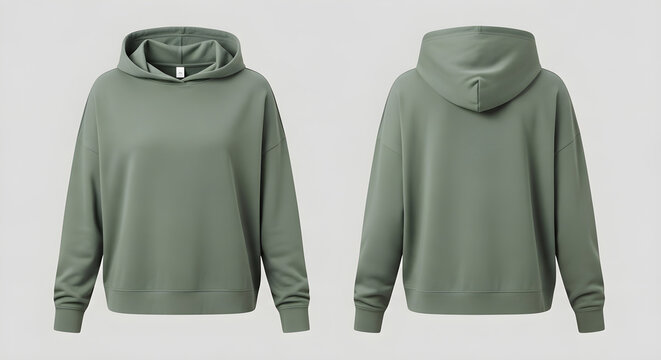 Front and back views of a minimalist sage green oversized hoodie sweatshirt for apparel design