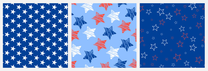 4th of July Independence Day Seamless Pattern Set Featuring Three Star Designs in Red, White and Blue on Dark Navy Background. Bold Flat Vector Design for Textile, Wrapping Paper, Surface Print, Scrap © NancyPants