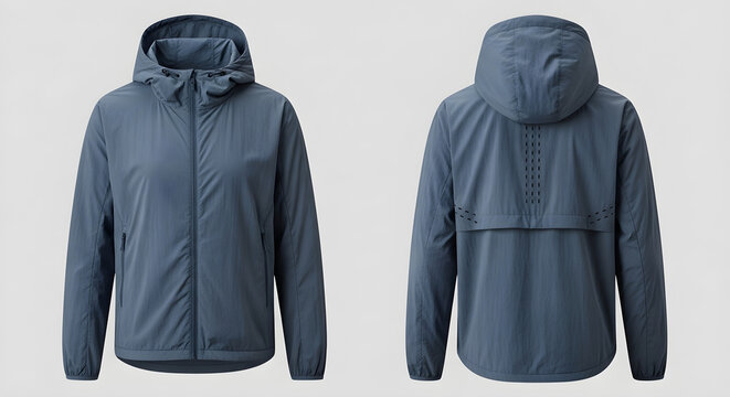 Front and back view of a blue lightweight hooded windbreaker jacket for outdoor sports activities