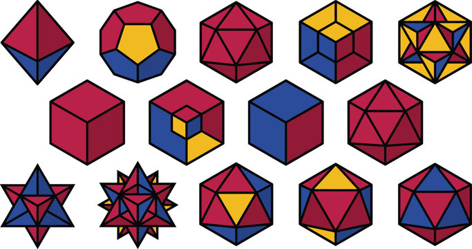 Set of Geometric 3D Shapes in Red, Blue, and Yellow Colors for Abstract, Educational, and Design Projects