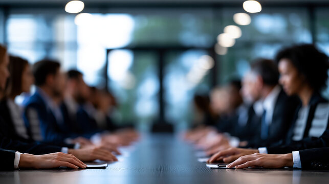 A wide establishing view of two business delegations seated at opposite ends of an extra-long table in a glass-walled conference room, midday light flooding in, tension and formality visible in post