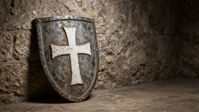 A weathered medieval shield with a white cross leans against a stone wall, representing faith and protection.