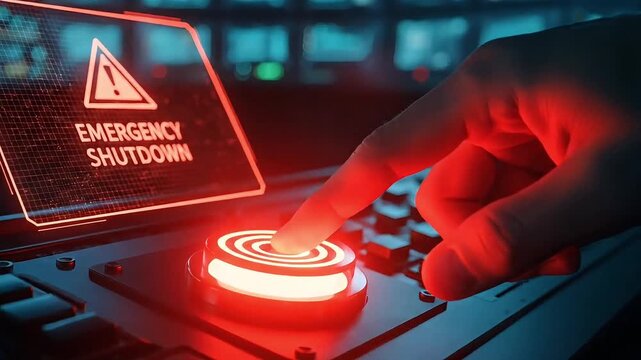 Emergency shutdown button pressed in tech control room with glowing red alert warning system