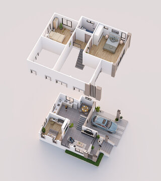 3D isometric view of a two-story house floor plan showing interior layout, furniture placement, rooms, and cross-section architectural design.