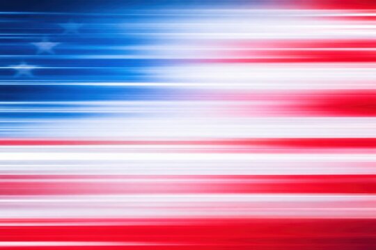 Dynamic abstract American flag background with fast horizontal motion blur effect. Ideal for speed concepts, political news graphics, modern USA themes, and energetic July 4th designs