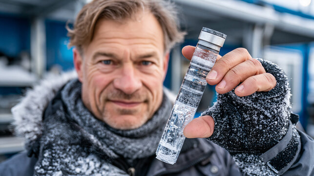 Polar ice core sample held up by researcher in cold lab environment, layered ancient air bubbles visible through translucent cylinder, breath visible in freezing air, ideal for climate science, ice 