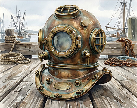 Vintage copper diving helmet on wooden dock