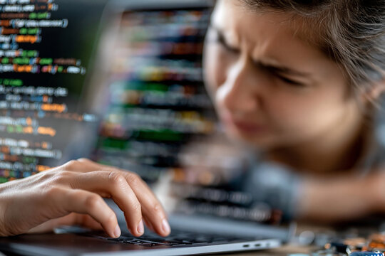 Frustrated programmer struggling with code error on laptop