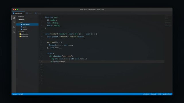 TypeScript React Code Editor Window Showing User Card Component on Dark Studio Code Background