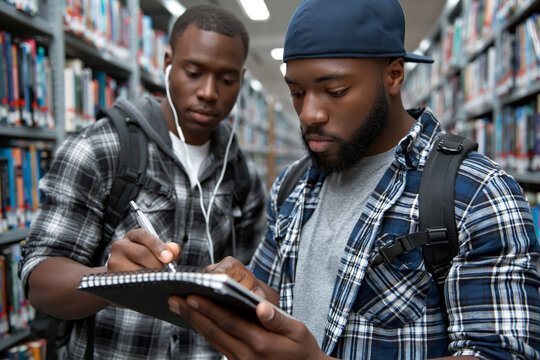 College students collaborating and writing notes in library study session