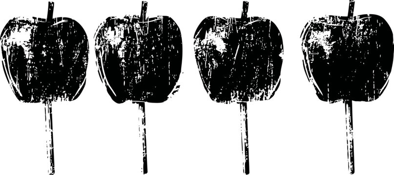 Four caramel apples on sticks with textured dark overlay, vintage illustration